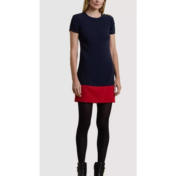 New Ralph Lauren Kusmae Two-Tone Button Trim Crepe Shift Dress Navy Red 2 - Picture 1 of 15